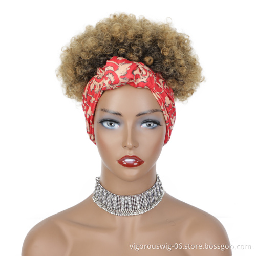 drawstring short Wigs Black Women Grip With Scarf Synthetic Wrap Attached Curly Kinky Hair Band Chignon elastic Headband Wig